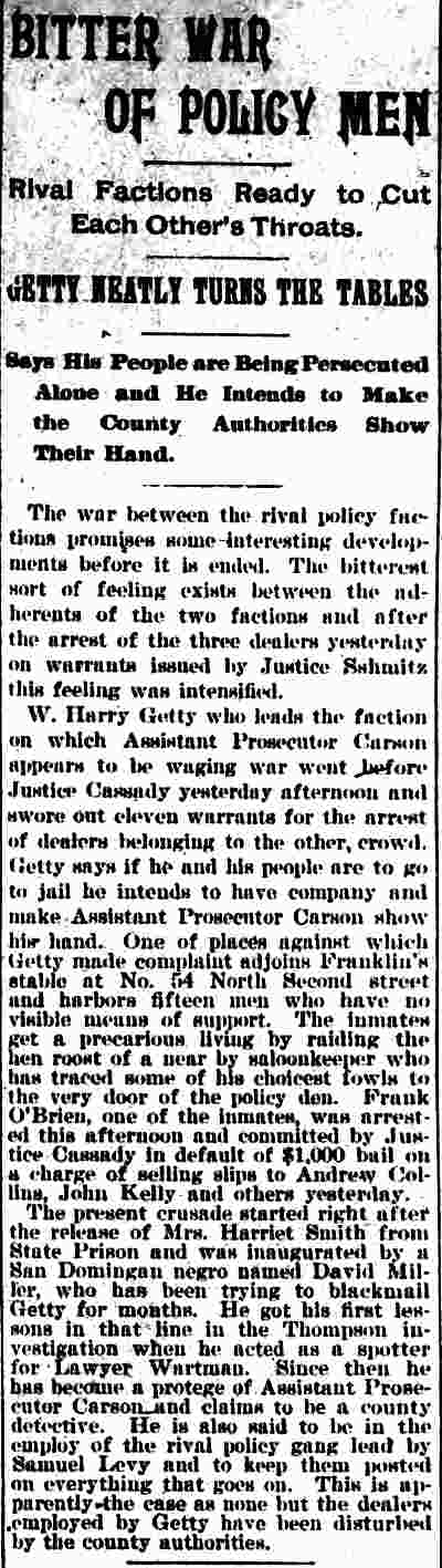 Camden Daily Telegram, July 20, 1895 — Policy arrests; W. Harry Getty, William H. Carson, William L. Franklin, Howard S. Franklin, North 2nd Street, Philip Schmitz, Frank O'Brien, James M. Cassady, Andrew Collins, John Kelly, Harriet Smith, David Miller, John W. Wartman, Samuel Levy, William Thompson