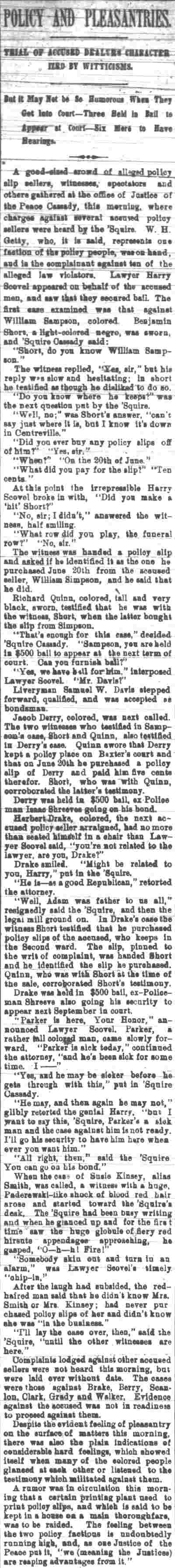 Camden Daily Courier, July 23, 1895 — Policy arrests; Harriet Smith, Sue Smith Kinsey, Henry S. Scovel