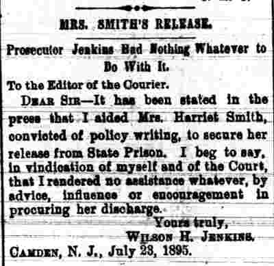 Camden Daily Courier, July 23, 1895 — Policy arrests; Harriet Smith, Wilson S. Jenkins