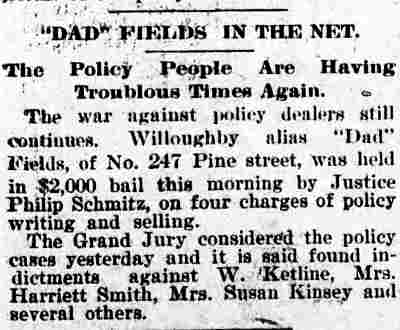 Camden Daily Telegram, September 13, 1895 — Policy arrests; Willoughby 'Dad' Fields, Pine Street, Harriet Smith, Washington Ketline, Sue Smith Kinsey, Philip Schmitz