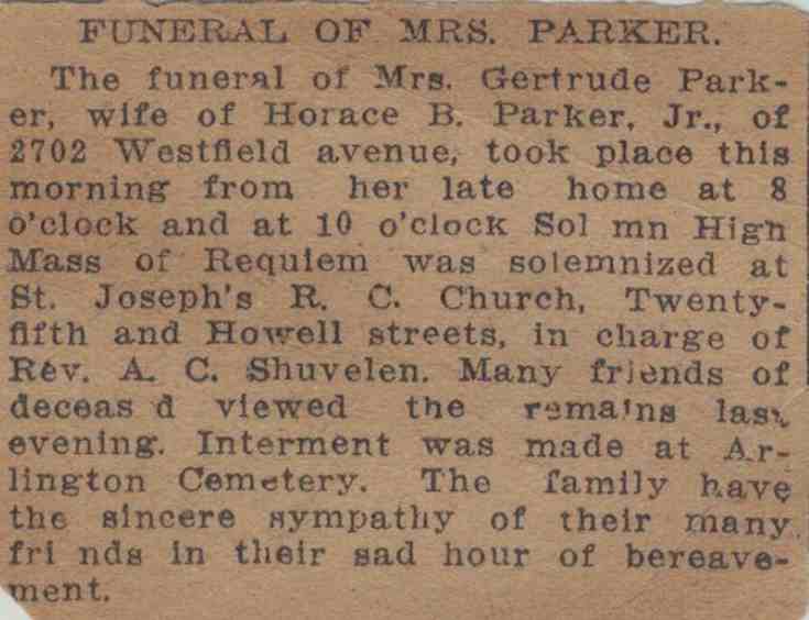 Undetermined newspaper: Funeral of Mrs. Parker, July 1913