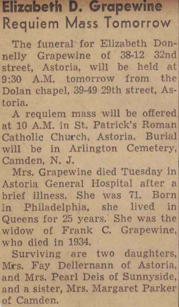 Undetermined New York newspaper obituary for Elizabeth D. Grapewine, April 1954