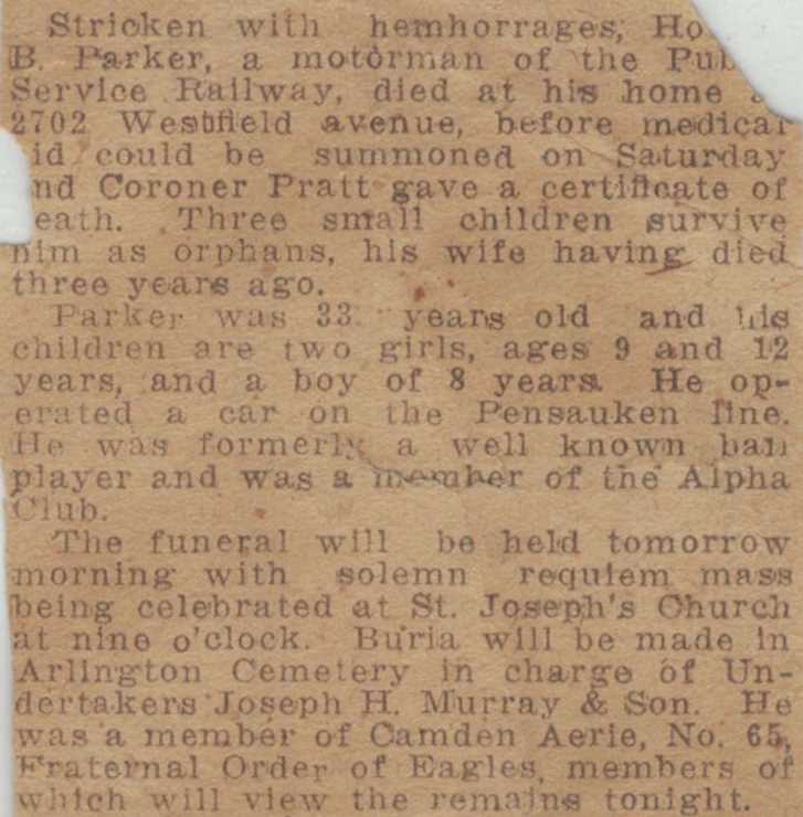 Newspaper clipping about Horace B. Parker Jr.'s death, May 18, 1919
