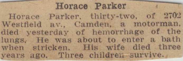 Short death notice for Horace Parker, May 18, 1919