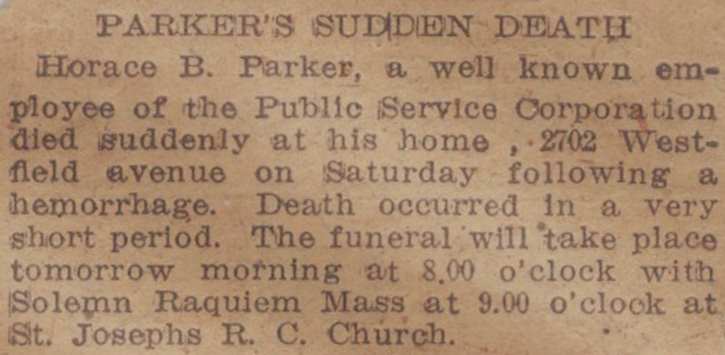 Parker's Sudden Death headline, May 18, 1919