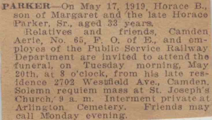Undetermined newspaper death notice for Horace B. Parker Jr., May 1919