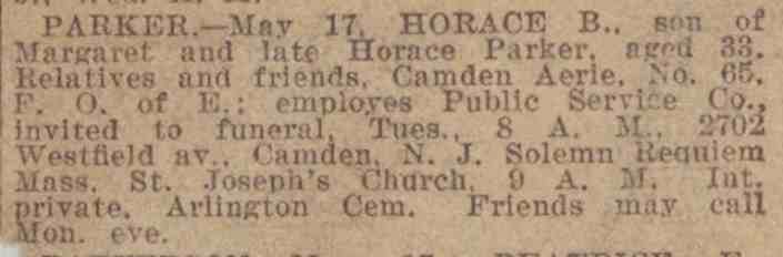 Second undetermined newspaper death notice for Horace B. Parker Jr., May 1919