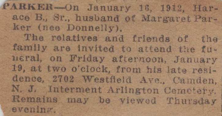 Undetermined Camden newspaper obituary for Horace B. Parker Sr., January 1912