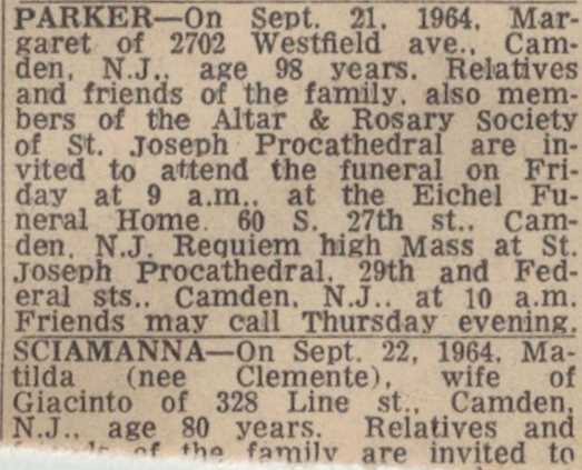 Camden Courier-Post death notice for Margaret Parker, September 23, 1964