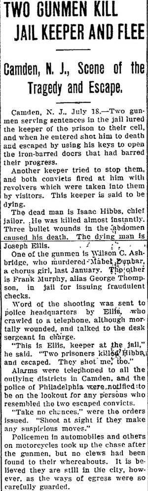 Gettysburg Times, July 18, 1916 — Two Gunmen Kill Jail Keeper and Flee