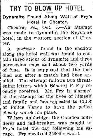 Frederick MD Post, October 9, 1916 — Dynamite found at Chester hotel