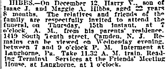 Philadelphia Inquirer December 24, 1898 — Harry V. Hibbs obituary notice