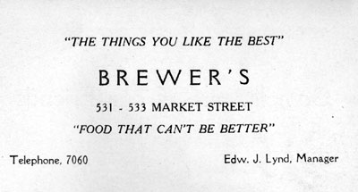 Brewer's — 531-533 Market Street — Tall Cedars of Lebanon Banquet Program Ad, April 25, 1931