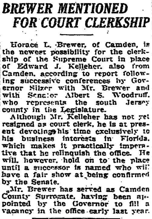 Trenton Evening Times February 21, 1925 — Brewer Mentioned for Court Clerkship