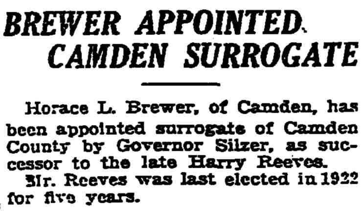 Brewer Appointed Camden Surrogate — Trenton Evening Times, April 2, 1924