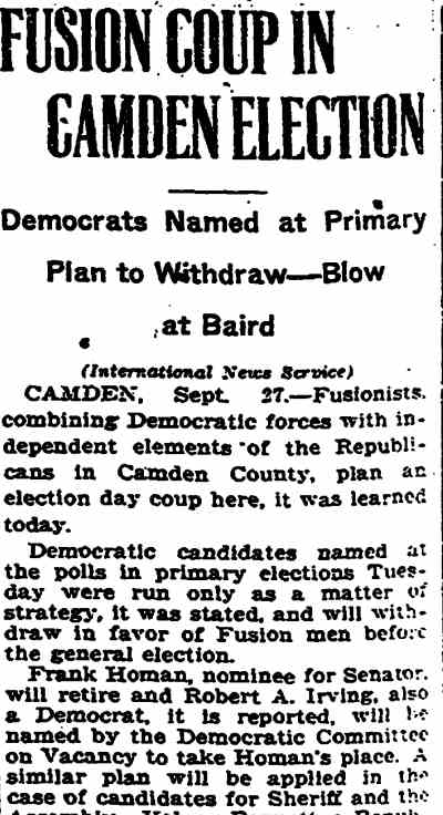 Fusion Coup In Camden Election — Trenton Evening Times, September 27, 1923