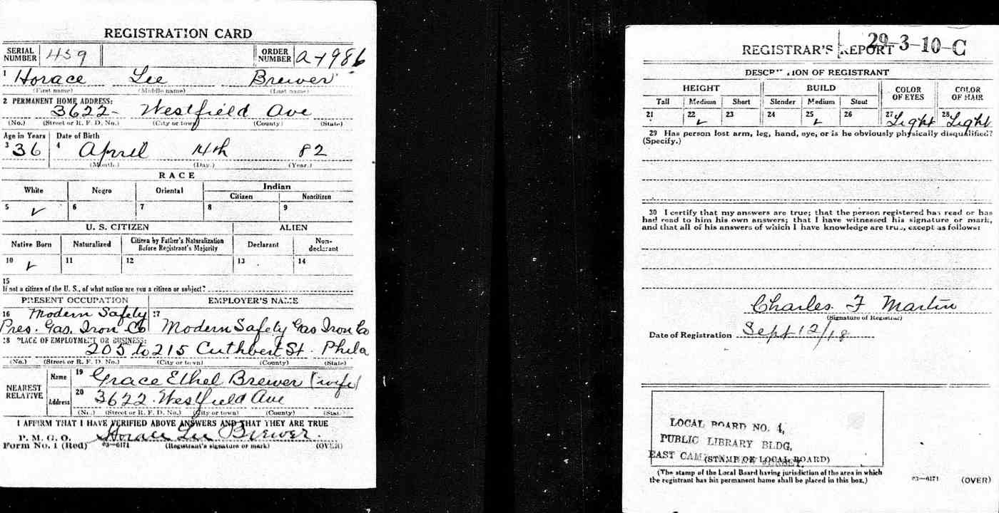 World War I Draft Registration Card — Horace L. Brewer