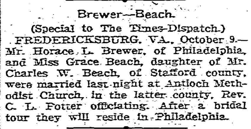 Brewer—Beach wedding announcement, Richmond Times-Dispatch, October 10, 1903