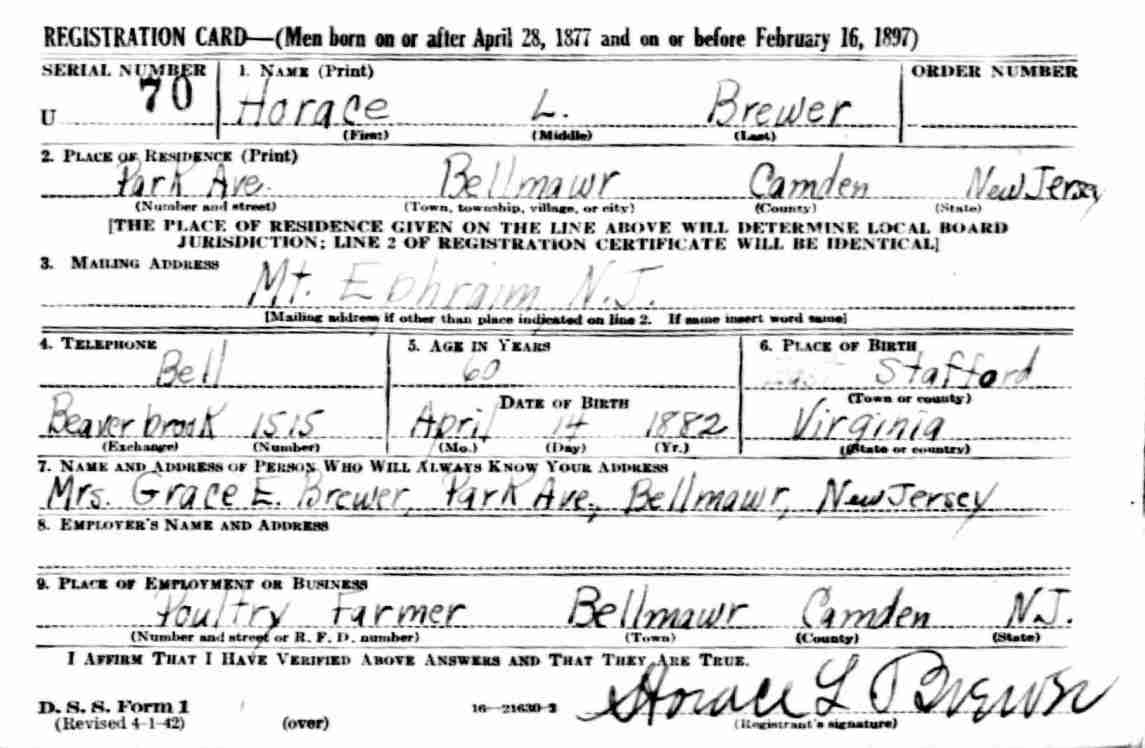 World War II Draft Registration Card — Horace L. Brewer