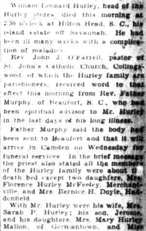 William L. Hurley Dies, Camden Courier-Post, April 23, 1928, page 1