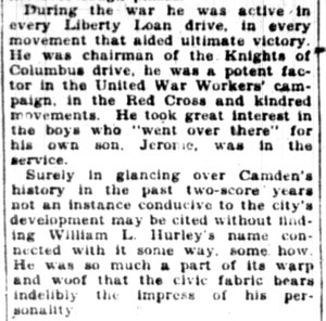 William L. Hurley obituary, Camden Courier-Post April 23, 1928 — page 26