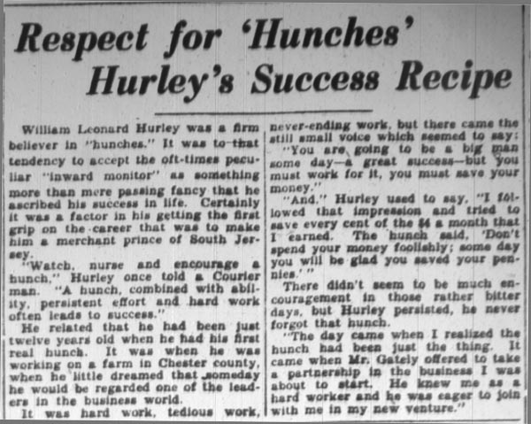 Respect for Hunches Hurley's Success Recipe, April 23, 1928