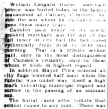 Throngs mourn W.L. Hurley, Camden Courier-Post April 26, 1928 — page 1