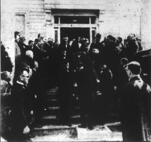 As Casket Was Carried From Hurley Home at Collingswood — Honorary Pallbearers ranged down the steps of Dungarven as the casket was carried to the waiting hearse