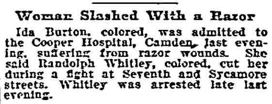 Philadelphia Inquirer clipping dated February 16, 1896, reporting Ida Burton slashed with a razor by Randolph Whitler
