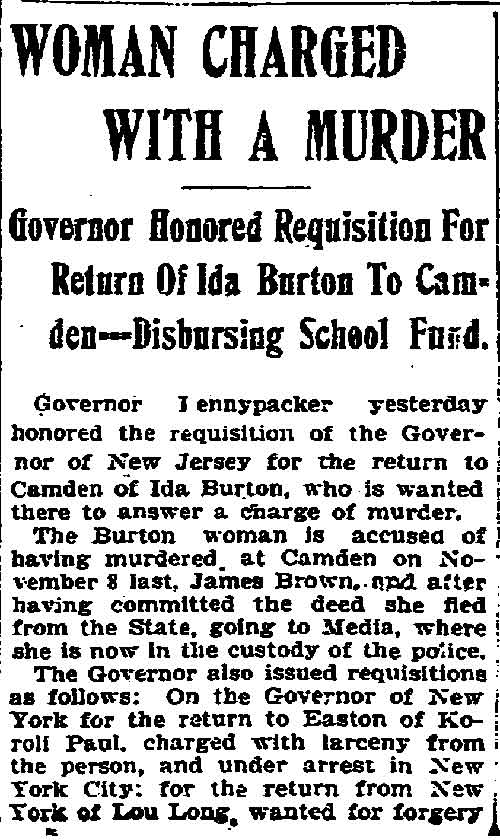 Philadelphia Inquirer clipping dated November 23, 1904, reporting Pennsylvania Governor honored requisition for return of Ida Burton to Camden
