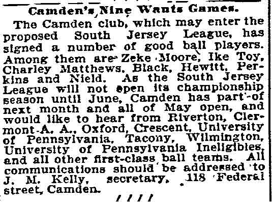 Philadelphia Inquirer, March 13, 1896 — Camden's Nine Wants Games