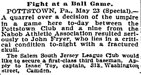 Philadelphia Inquirer, May 24, 1896 — Fight at a Ball Game