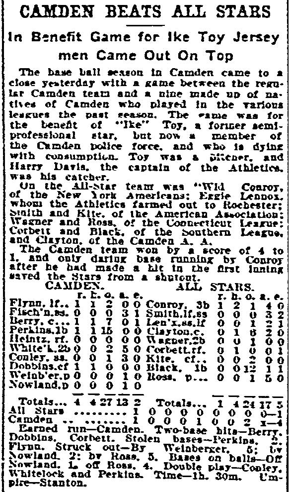 Philadelphia Inquirer, October 28, 1906 — Camden Beats All Stars article with box score