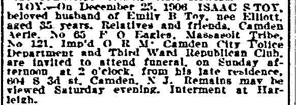 Philadelphia Inquirer, December 28, 1906 — Isaac S. Toy death notice