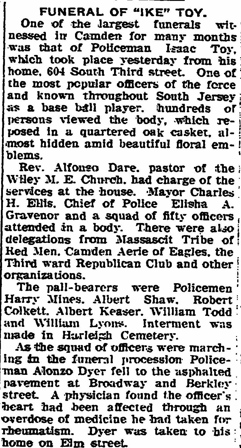Bridgeton Evening News, December 31, 1906 — Funeral of Ike Toy