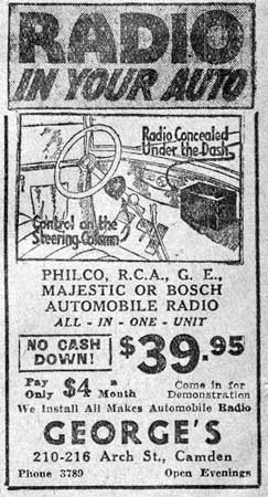 George's automobile radio advertisement, 210-216 Arch Street, 1933