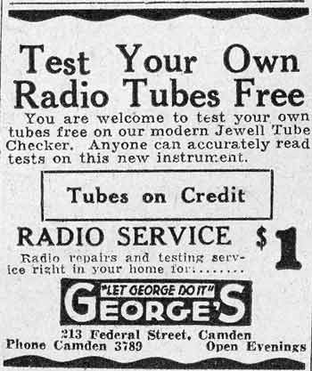 George's radio tube testing advertisement, 213 Federal Street, 1931