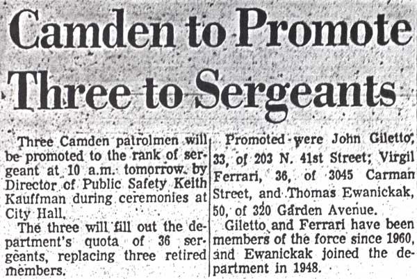 Three Camden patrolmen promoted to sergeant — Giletto, Ferrari, Ewanickak — February 1967