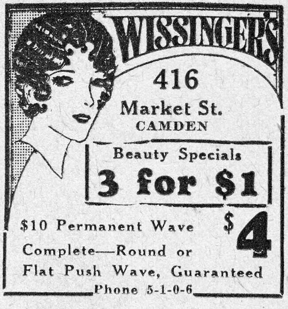 Wissinger's beauty salon advertisement, 416 Market Street Camden, Camden Courier-Post, October 30, 1931