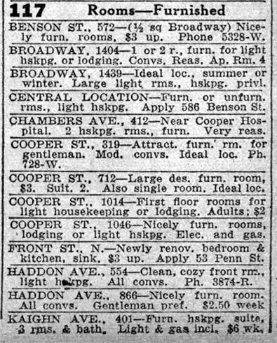 Classified advertisement listing furnished rooms at 319 Cooper Street, Camden Courier-Post, June 7, 1933