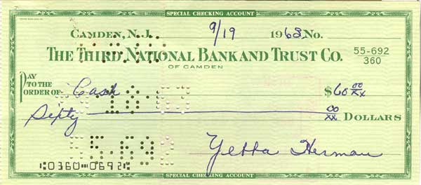 Check front from The Third National Bank and Trust Co. of Camden, signed by Mrs. Yetta Herman, September 19, 1963