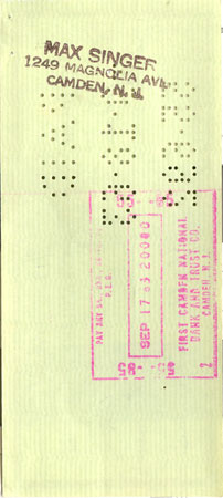 Check reverse showing Max Singer, 1249 Magnolia Ave., Camden N.J., deposited at First Camden National Bank and Trust, September 19, 1963