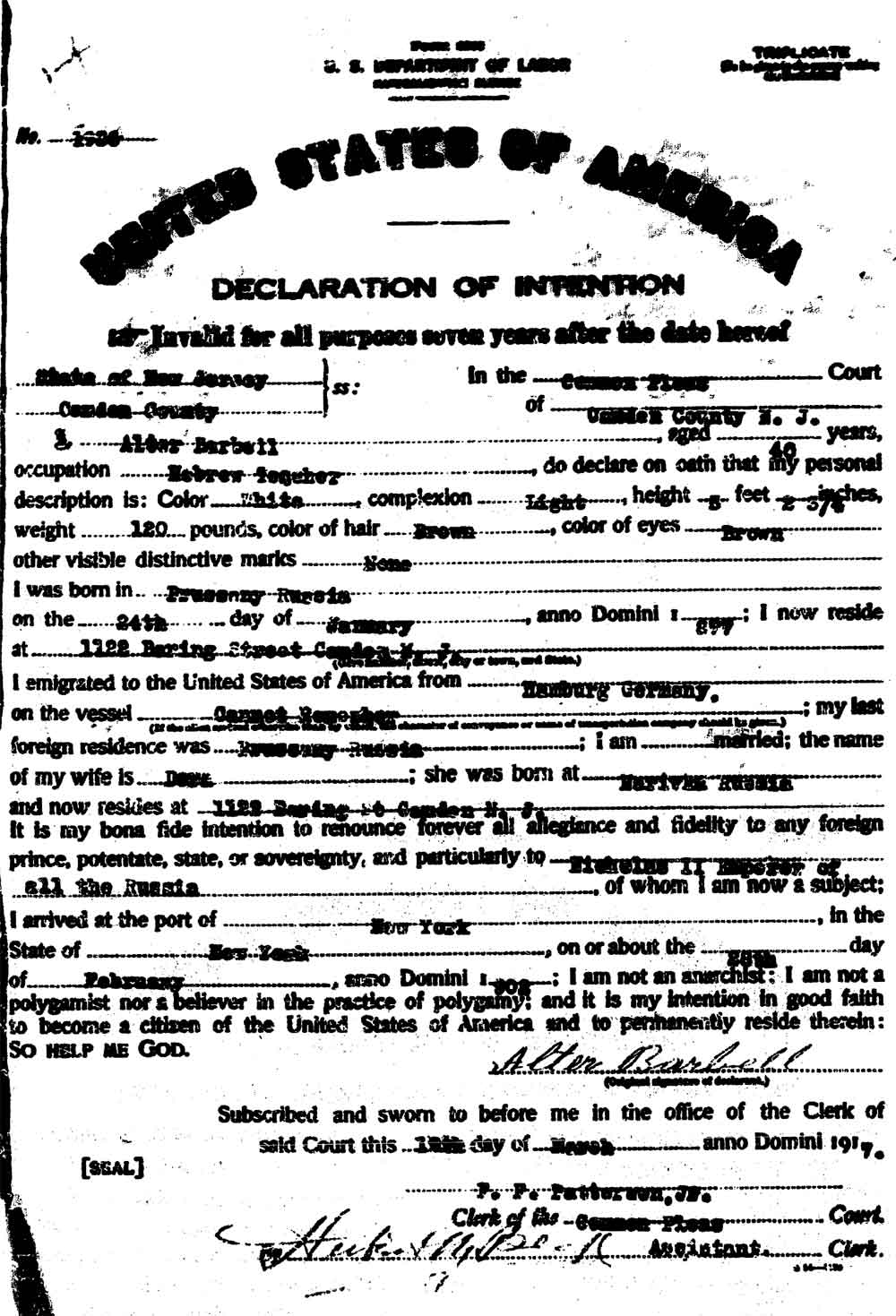 Alter Barbell Declaration of Intention to become an American Citizen