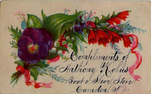 Trade card for Anthony Kobus Grand Boot and Shoe Emporium