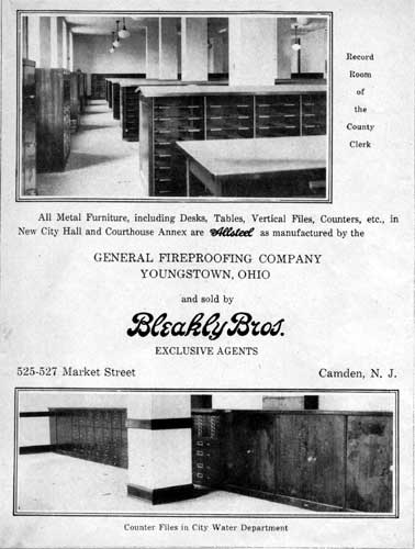 Bleakly Brothers advertisement January 1930 - 525-527 Market Street, new steel office furniture at Camden City Hall