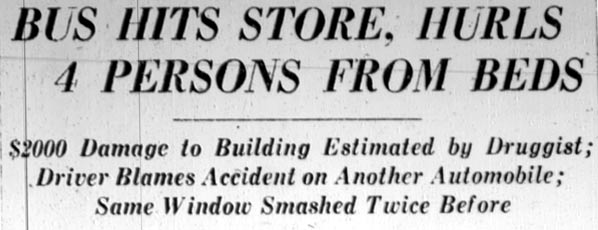 Bus Hits Store, Hurls 4 Persons From Beds, newspaper headline
