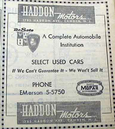 1956 New Jersey Bell Yellow Pages ad for Haddon Motors