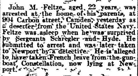 Philadelphia Inquirer, August 2, 1905 — Feltze Arrested as Navy Deserter