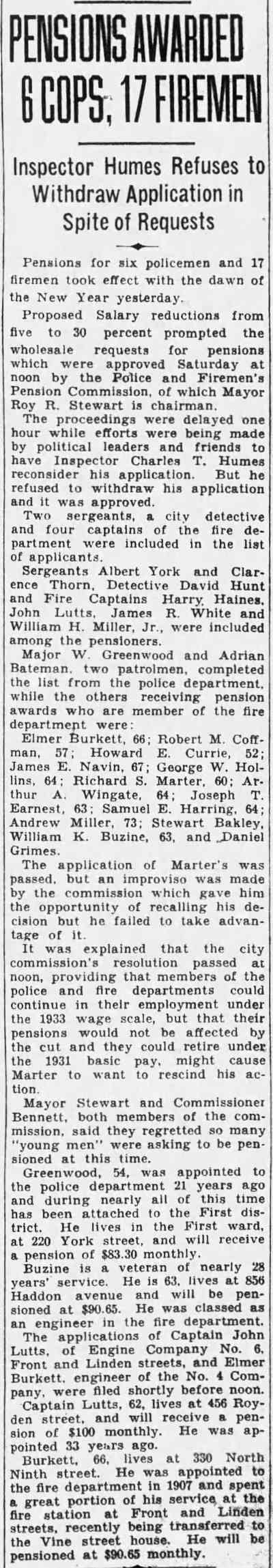 Camden Courier-Post, January 2, 1933 — Pensions Awarded 6 Cops, 17 Firemen