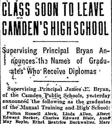 Camden High School Class of 1905 graduates, Philadelphia Inquirer, June 10, 1905, page 1